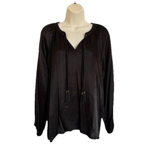 NEW Johnny Was Calme  Black Satin Boho Blouse Double Tassel Women's XS
